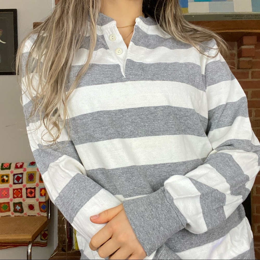 Y2K Gap Oversized Horizontal Striped Boyfriend Henley Long Sleeve Pullov… - Picture 1 of 16